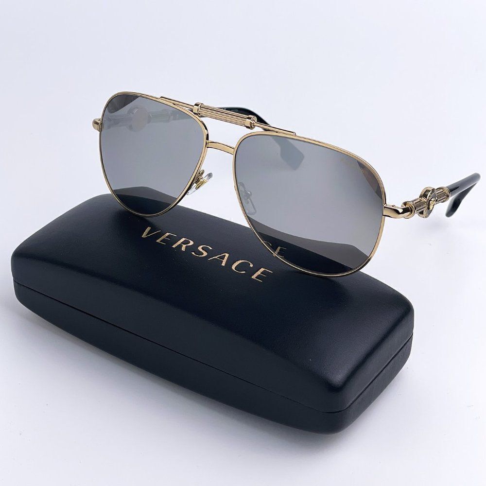 NEW Versace VE2236 1002Z3 Gold Gray Silver Mirrored Polarized Aviator Unisex